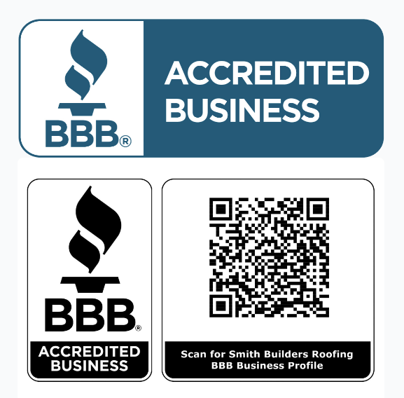 BBB Accredited Business logos: blue and white, and black and white versions. QR code to scan for business profile.