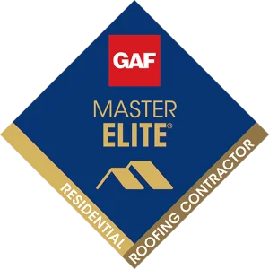 GAF Master Elite residential roofing contractor logo with a red, gold, and blue design.