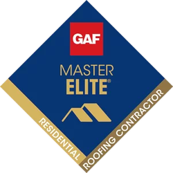 GAF Master Elite residential roofing contractor logo with a red, gold, and blue design.