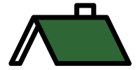 Green roof with a black outline and a small chimney.