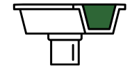 A cross-section of a white and green sink with a drain pipe below it.