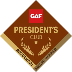 GAF President's Club Award Winner logo in brown, gold, and red. Features text and laurel wreath.