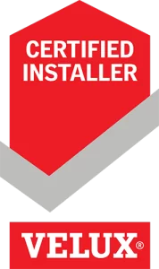 Velux Certified Installer logo: red hexagon with white text, gray check mark, and Velux brand.