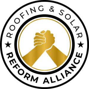 Black and gold logo: Hands clasped in handshake, circle with "Roofing & Solar Reform Alliance".