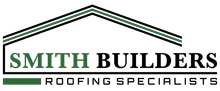 Logo: Smith Builders, roofing specialists. Roof outline over text. Green and black.