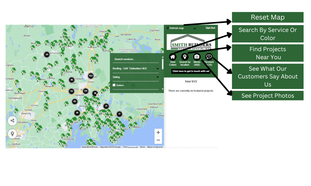 Map with green markers, navigation menu showing 