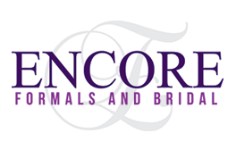 Logo for Encore Formals and Bridal, with purple text and a stylized script "E".