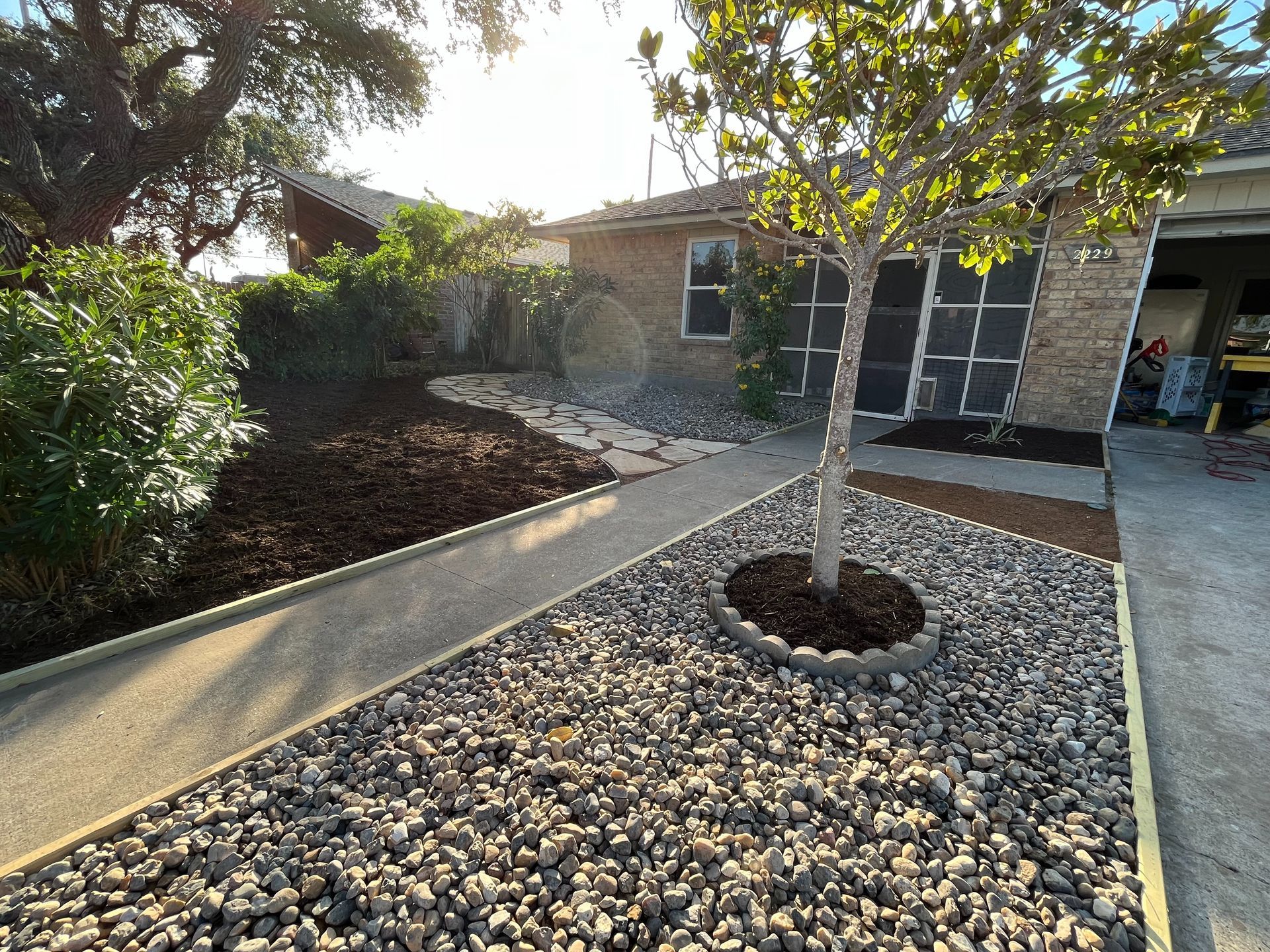 A tree is in the middle of a gravel driveway in front of a house.