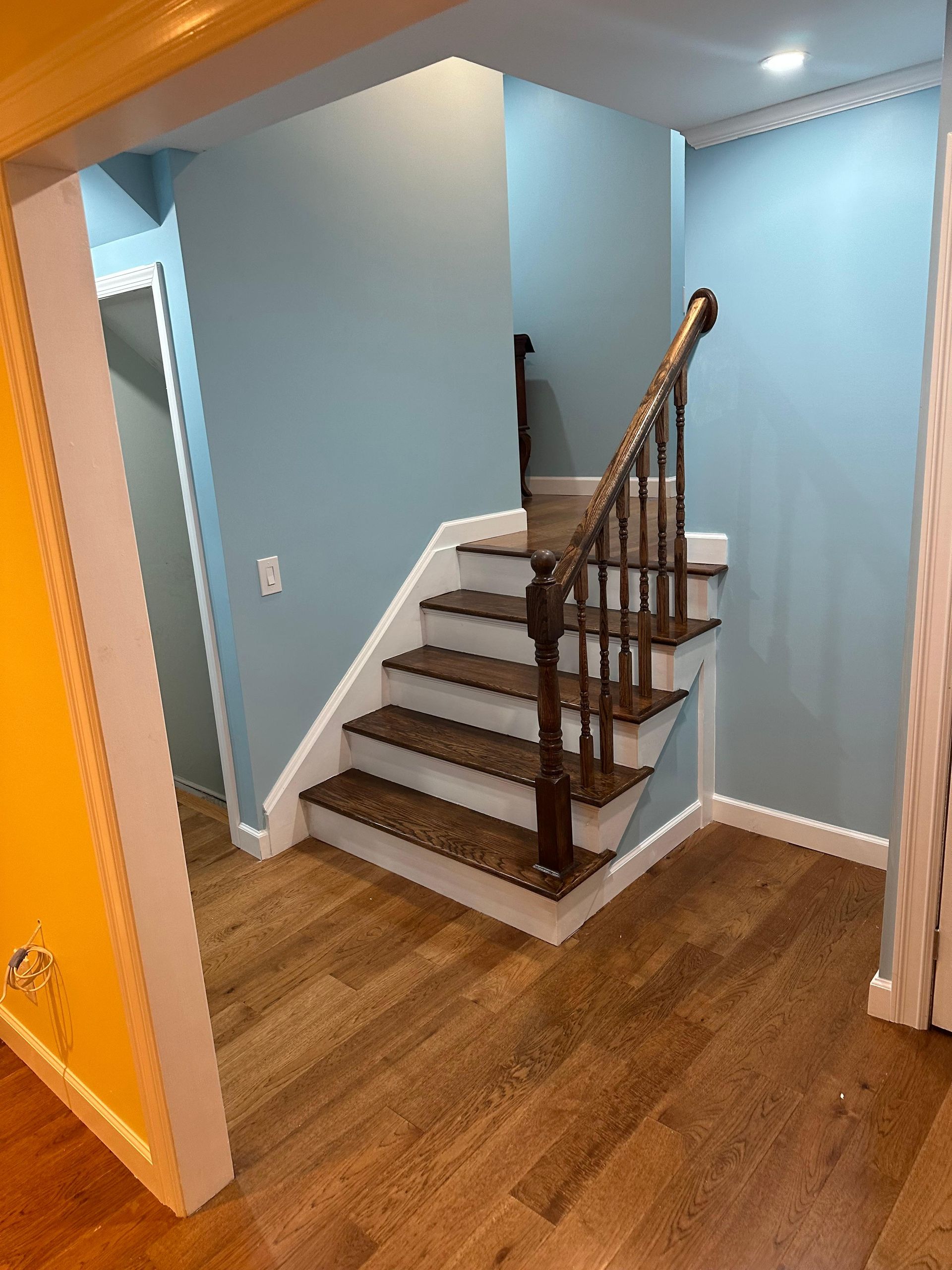 Staircase with brown treads, white risers, and a dark brown banister against blue walls and wood flooring.
