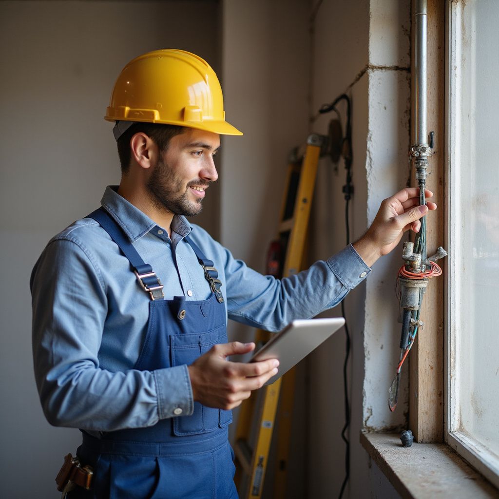 Construction worker in yellow hard hat and blue overalls inspecting wiring, holding tablet.
