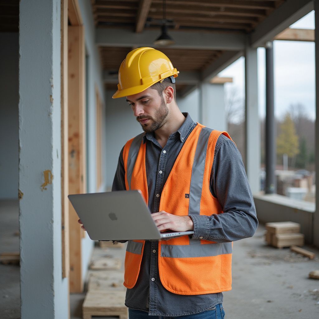 Construction worker in orange vest and yellow hard hat using a laptop at a construction site.