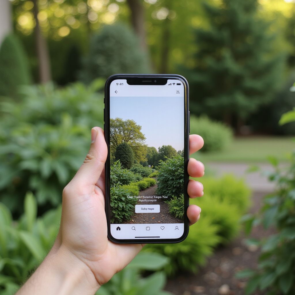 Hand holding a phone displaying a garden scene, surrounded by green plants.