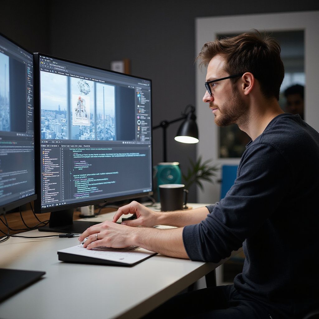 A person wearing glasses works at a desk with two monitors, typing on a keyboard, and looking at the screens.