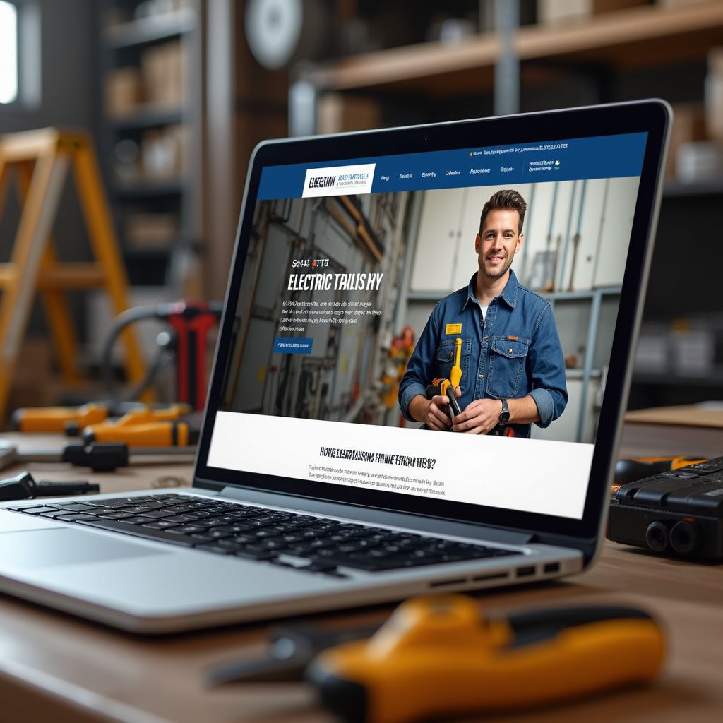 Laptop displaying an electrician's website. A man in a blue shirt holds a tool in a workshop.