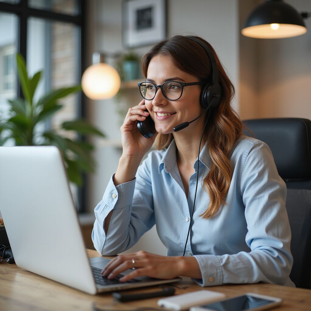Woman wearing headset, smiles while working on laptop at desk.