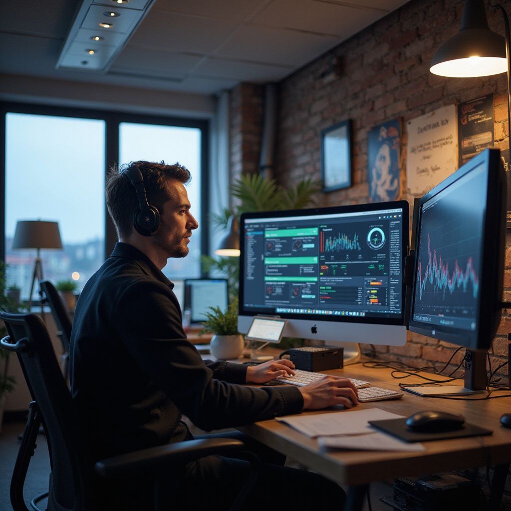 Man wearing headphones working at a desk with two monitors in an office.
