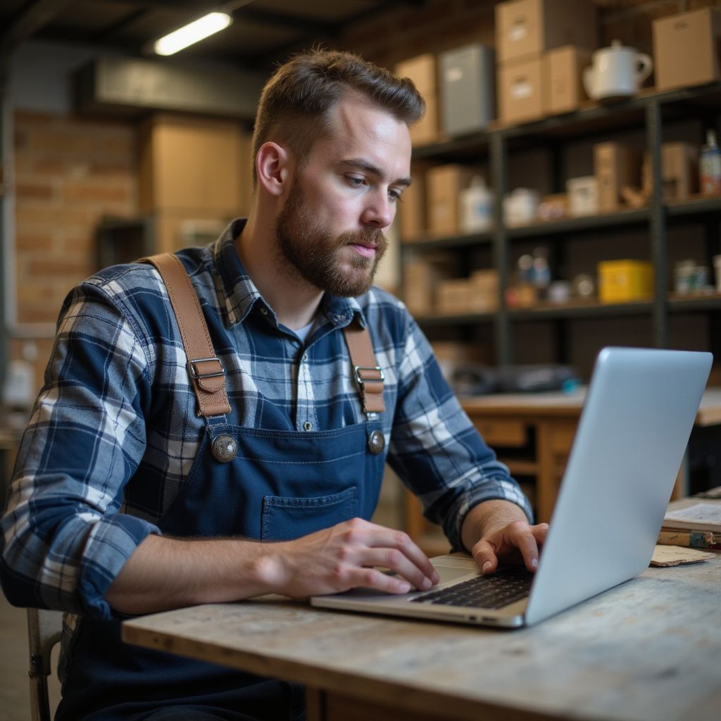 Man in plaid shirt and blue overalls, working on a laptop in a workshop with shelves and boxes in the background.