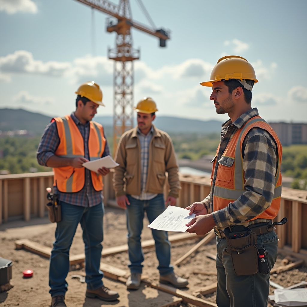 Construction workers review blueprints on a building site. Crane in background, wearing hard hats and safety vests.