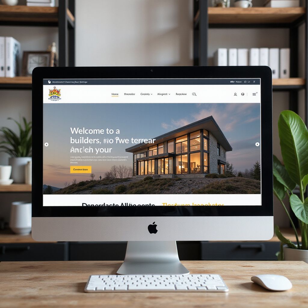 Computer displaying a website with a modern house on a hill, text: