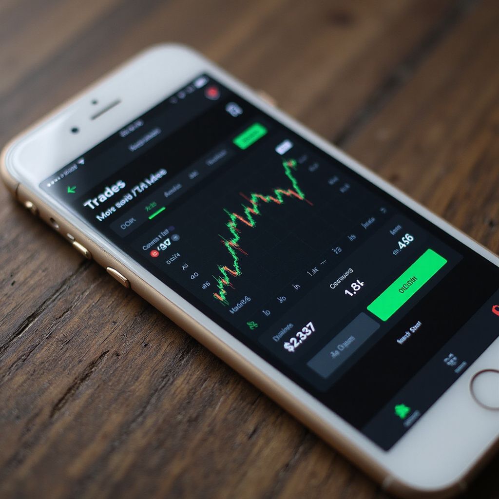 Smartphone displaying a stock market trading app with a rising green graph on a wooden surface.