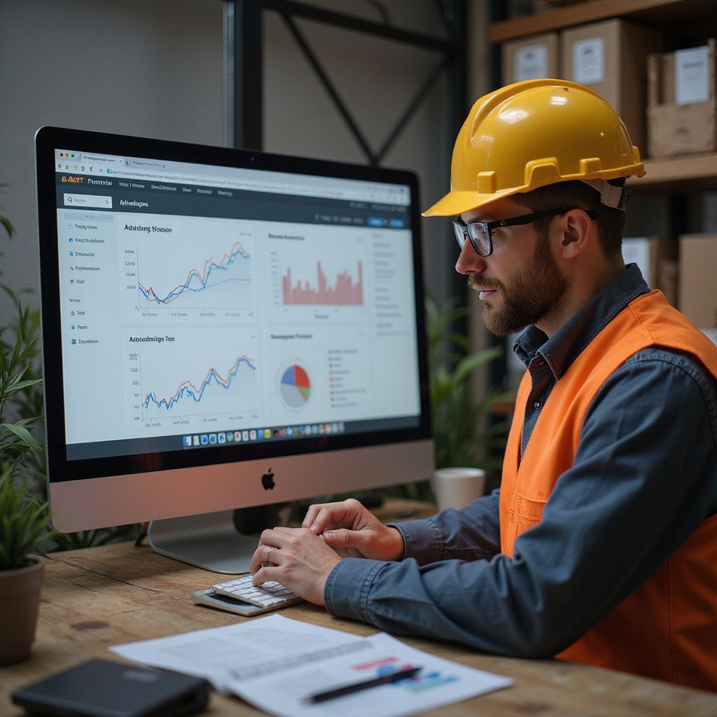 Construction worker in hard hat and vest analyzing data on computer.
