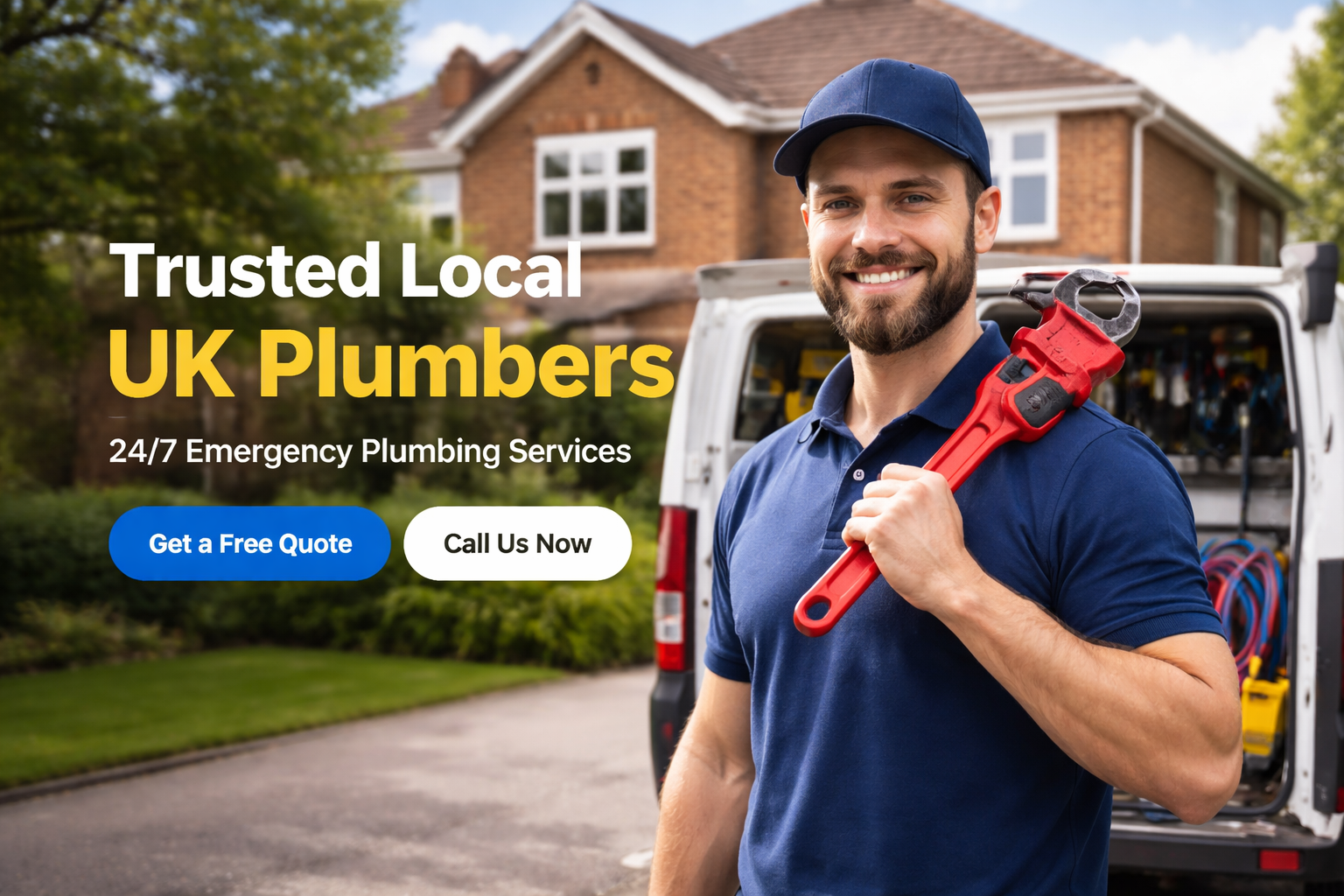 Professional UK plumber standing outside a home with plumbing tools