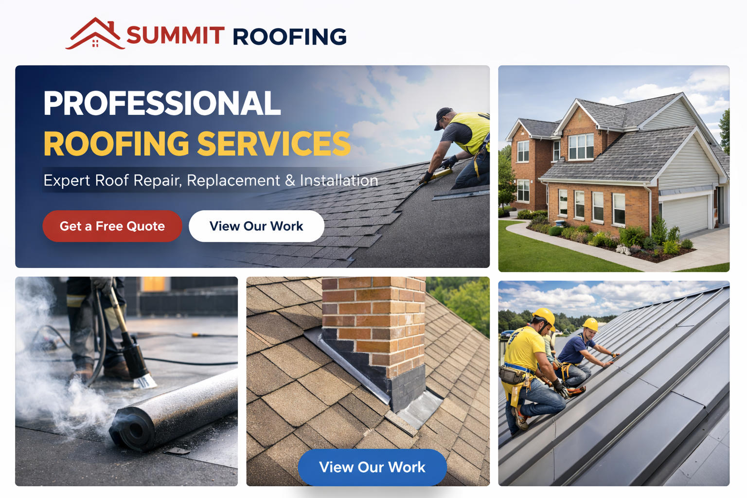 Roofing contractor repairing a residential roof with safety equipment