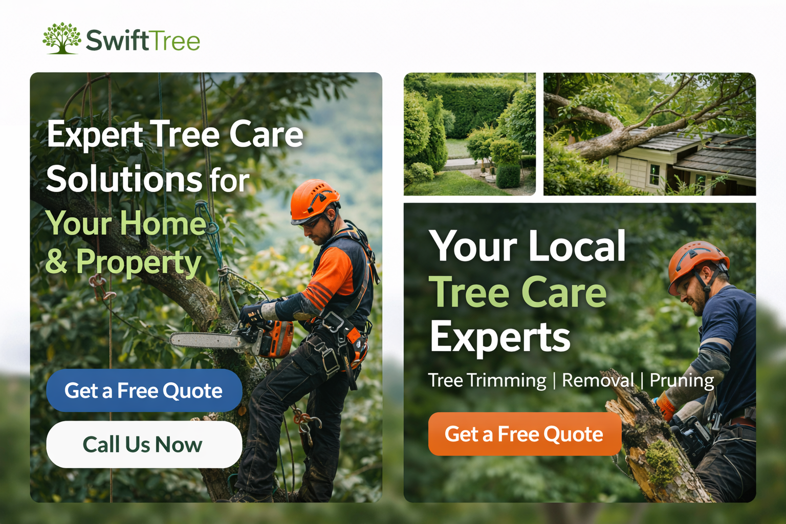 Tree surgeon cutting branches using chainsaw safety equipment