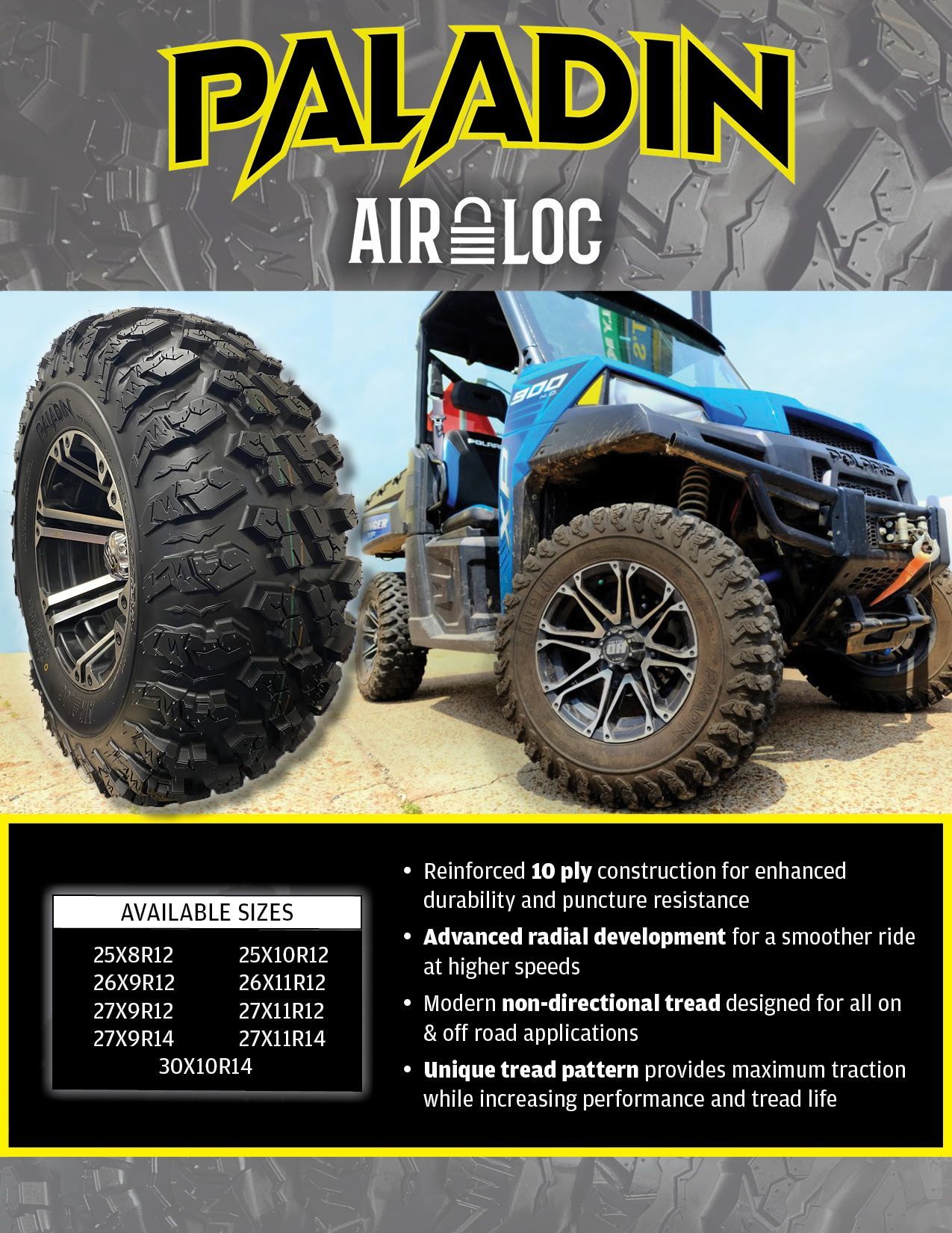 A flyer for paladin air loc tires with a picture of a atv on it.