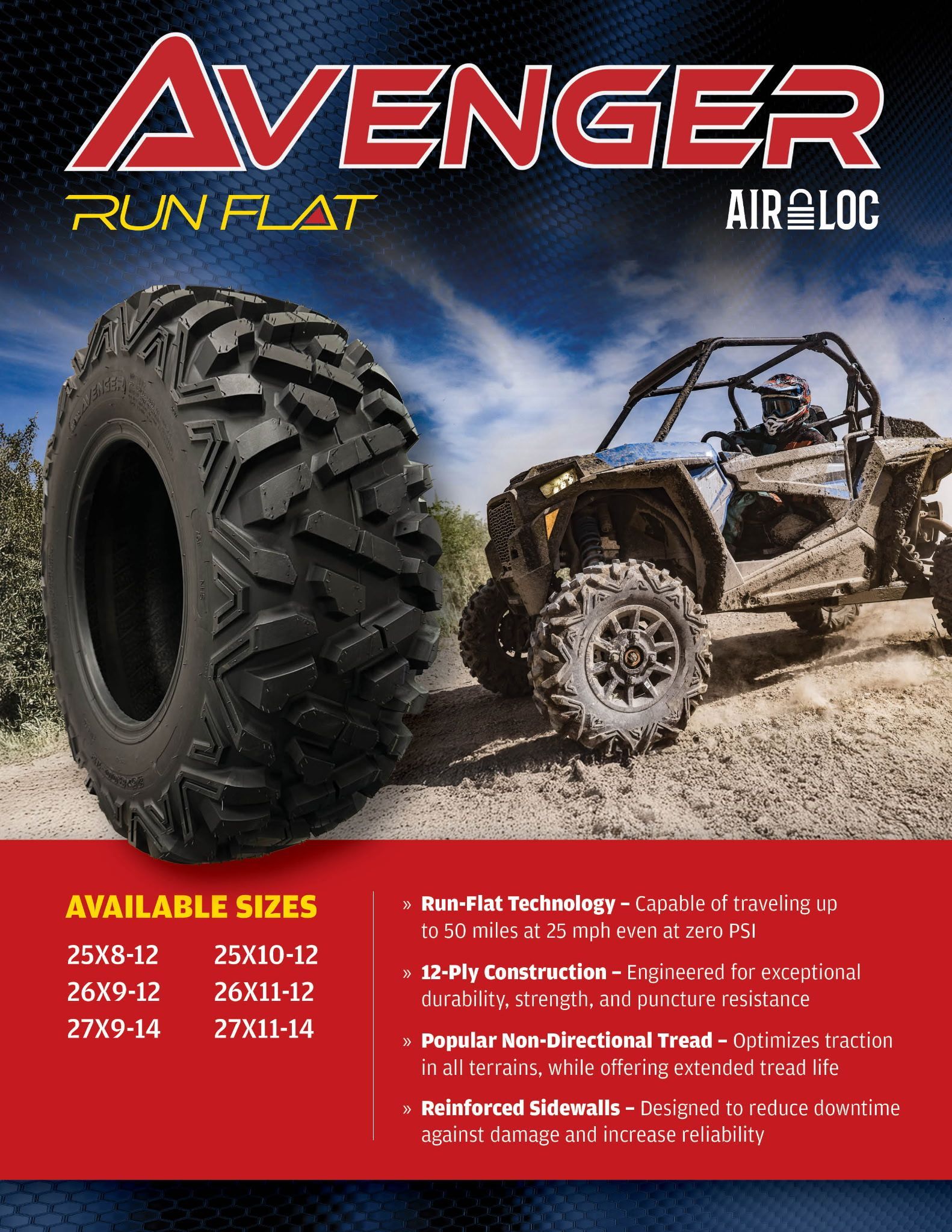 A poster for avenger run flat tires with a picture of an atv on it.