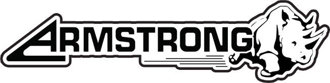 A black and white logo for armstrong with a rhino on it.