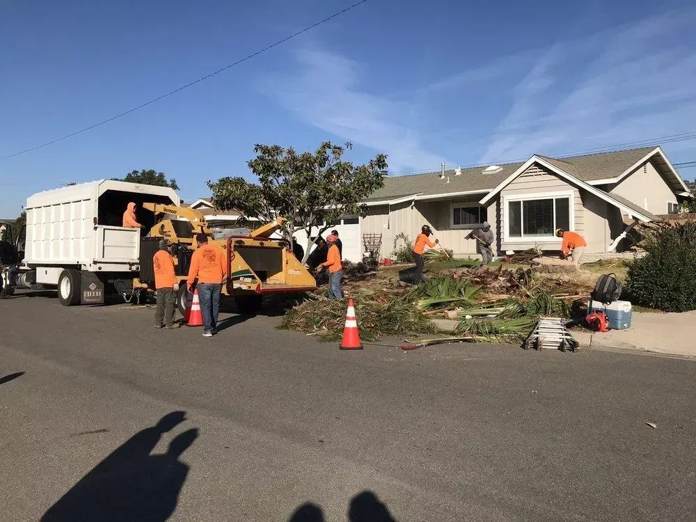 A group of workers are standing in front of a house.