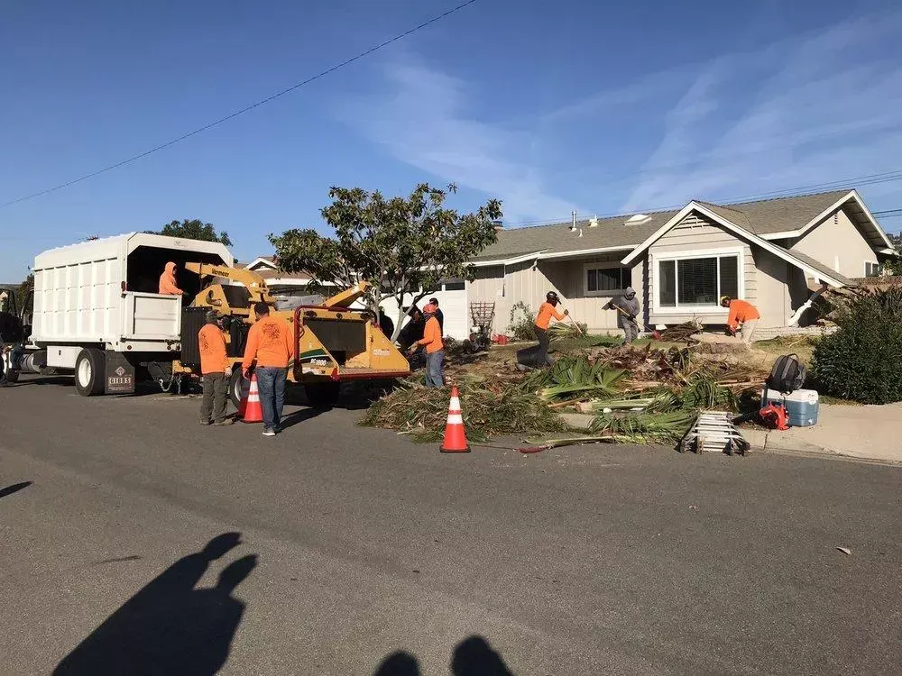 A group of workers are standing in front of a house.