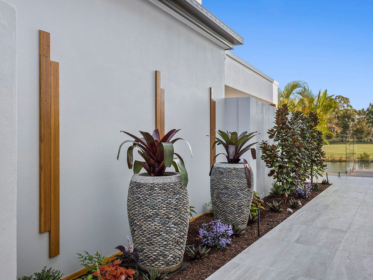 A row of potted plants sitting next to a white wall.