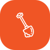 A line drawing of a shovel on an orange background.