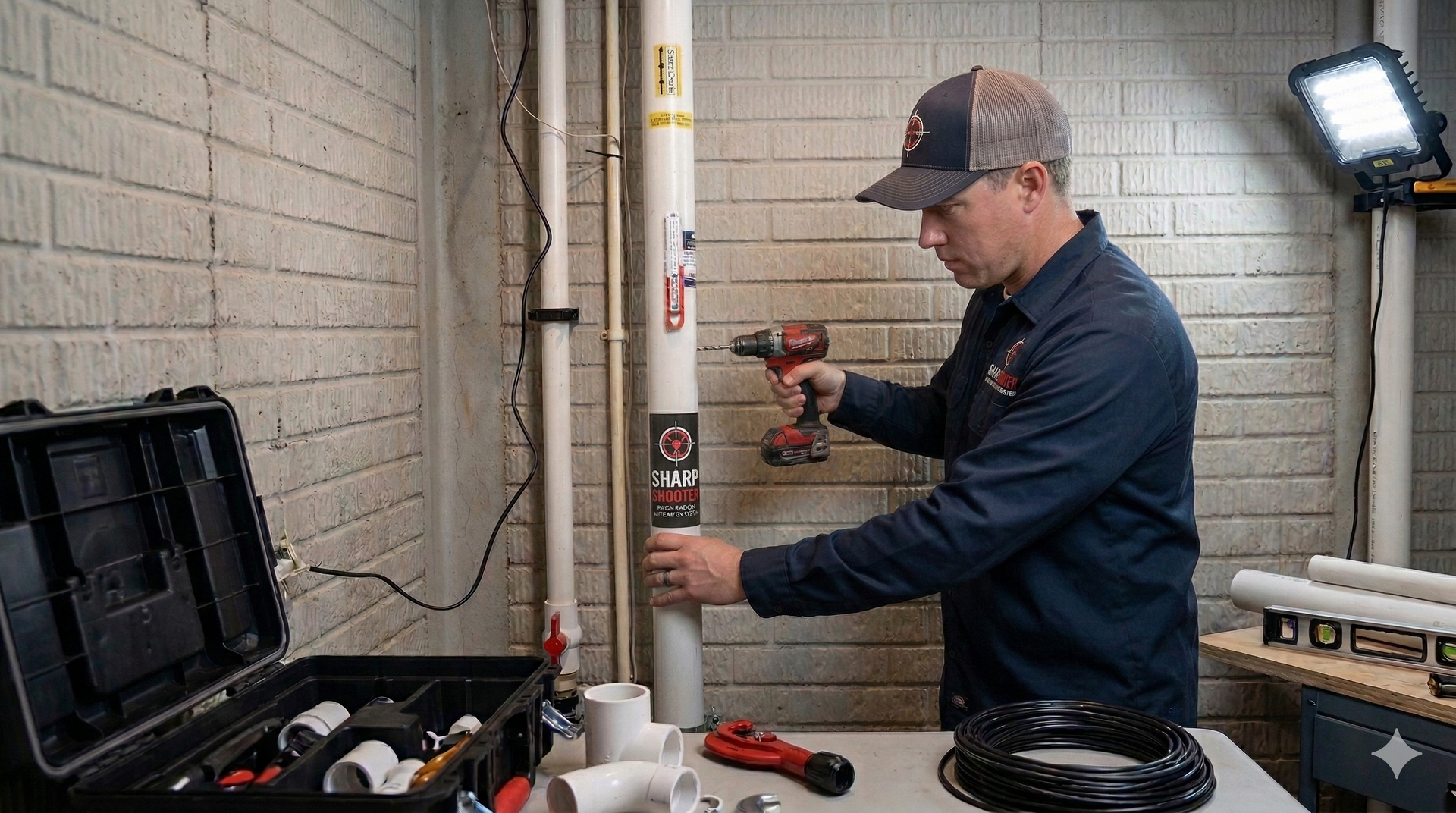 Technician installing a professional radon mitigation system