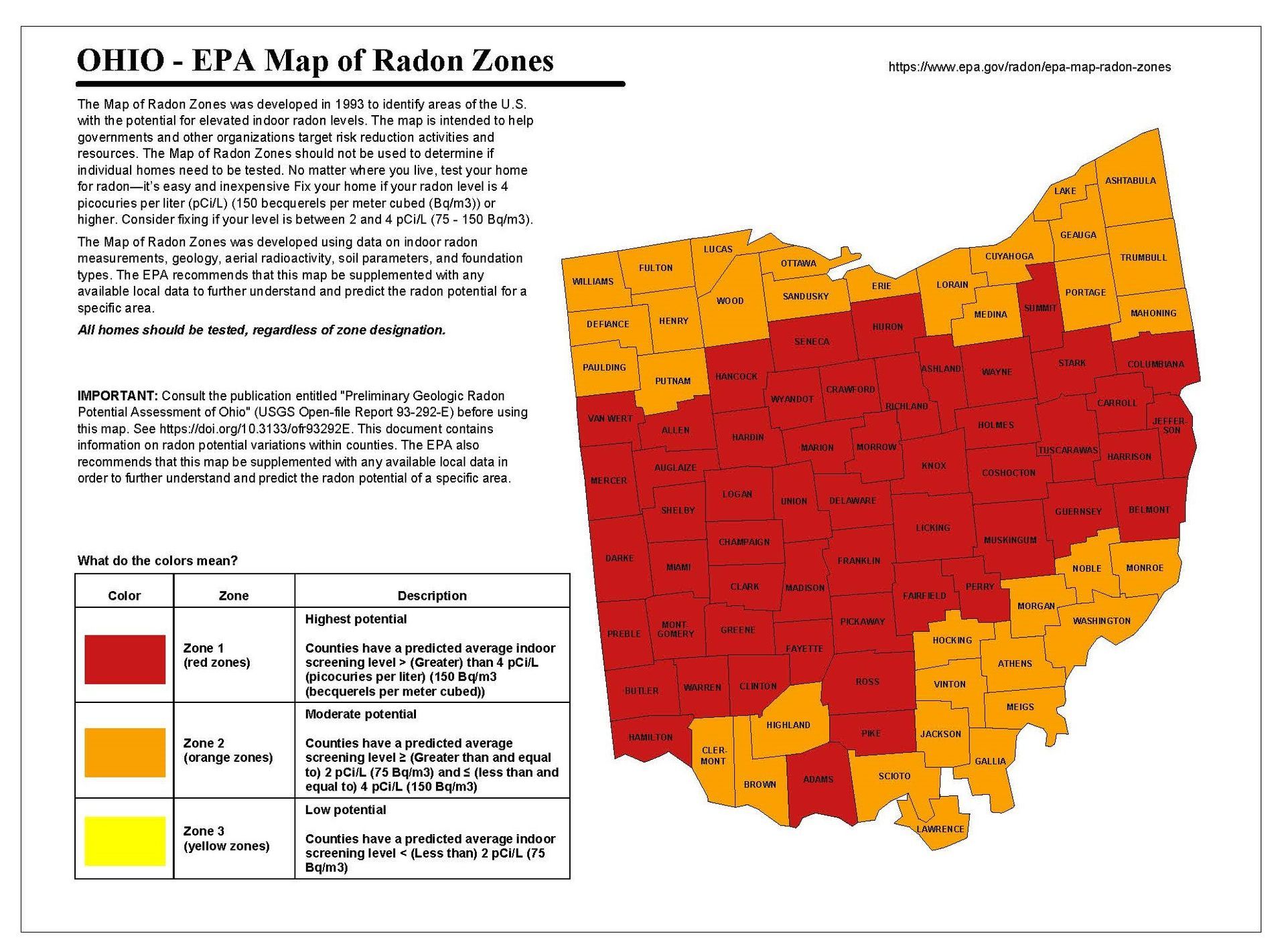 Map of radon concentration from the Ohio EPA