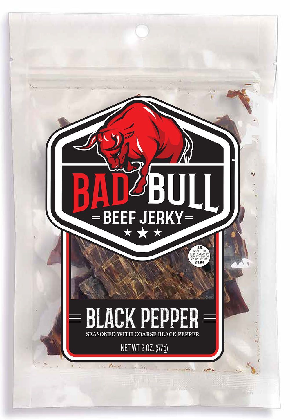 A bag of bad bull beef jerky with black pepper flavor.