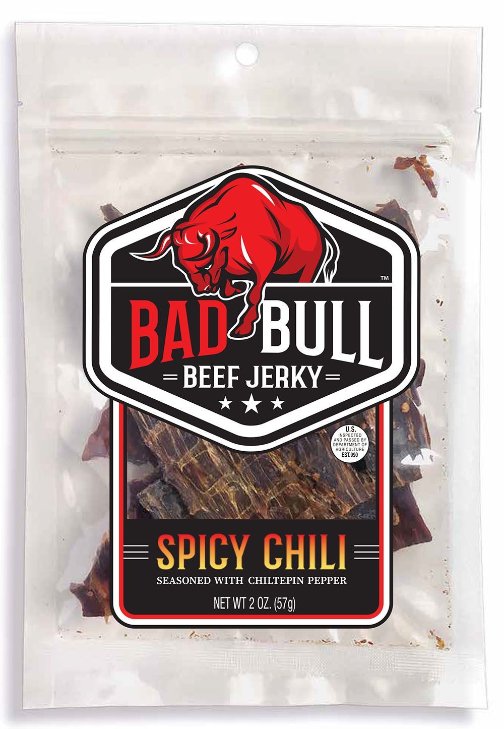 A bag of bad bull spicy chili beef jerky.
