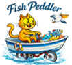 Orange cat in a boat selling fish, with a pelican, blue water, and text 