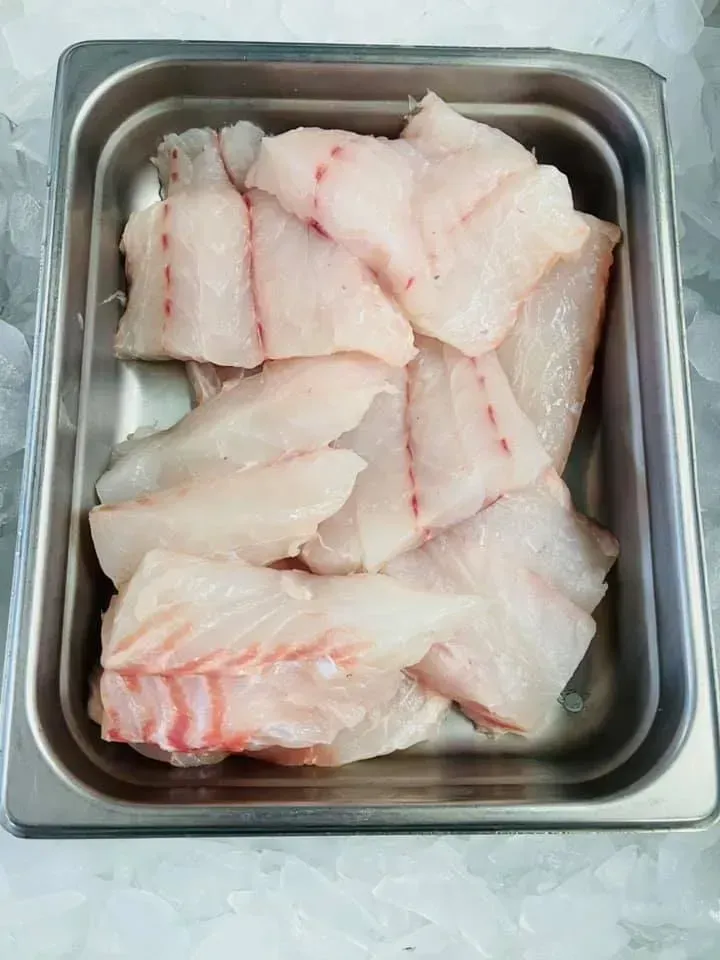 Raw, white fish fillets in a stainless steel container, displayed on ice.