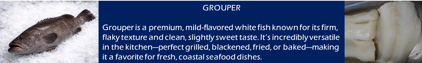 A fish on ice next to text on a dark blue background describing it. Sliced fish also shown.