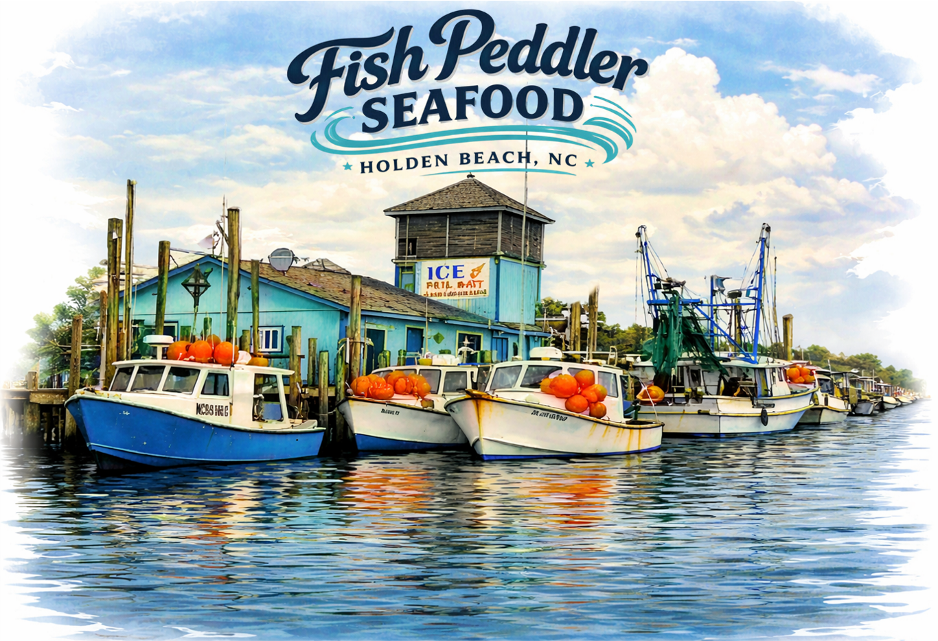 Fish Peddler Seafood restaurant on Holden Beach, NC, with fishing boats docked in the water.