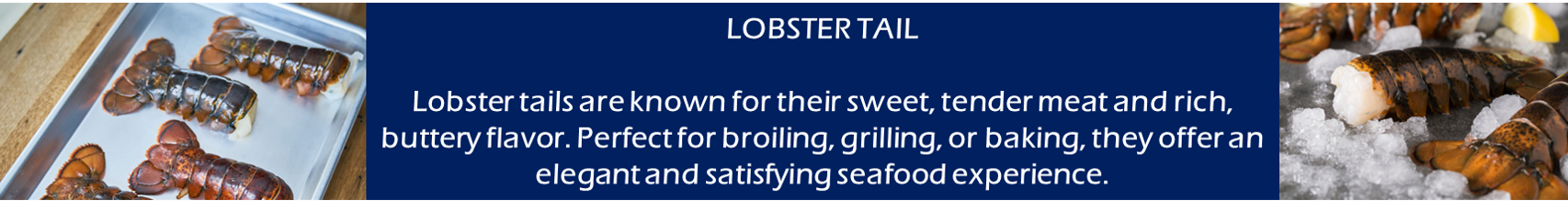 Lobster halves on tray and in shells, with text on blue background.