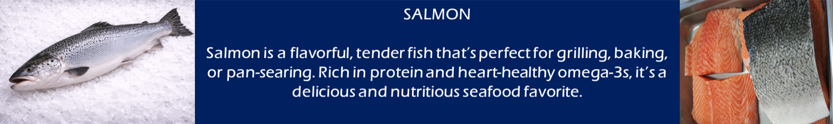 Salmon with text description: a whole fish, blue background with text about the fish's nutritional values and a side-view of salmon fillets.
