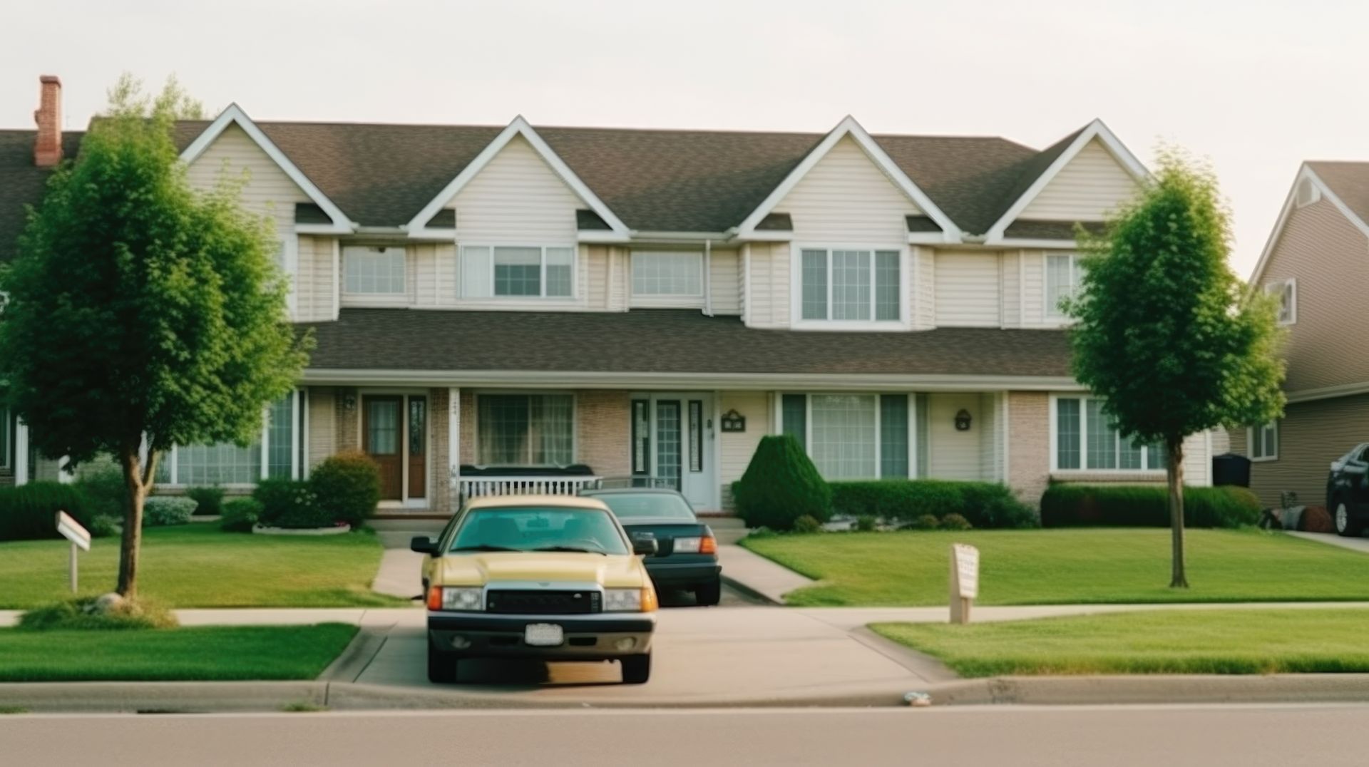 A yellow car is parked in front of a house