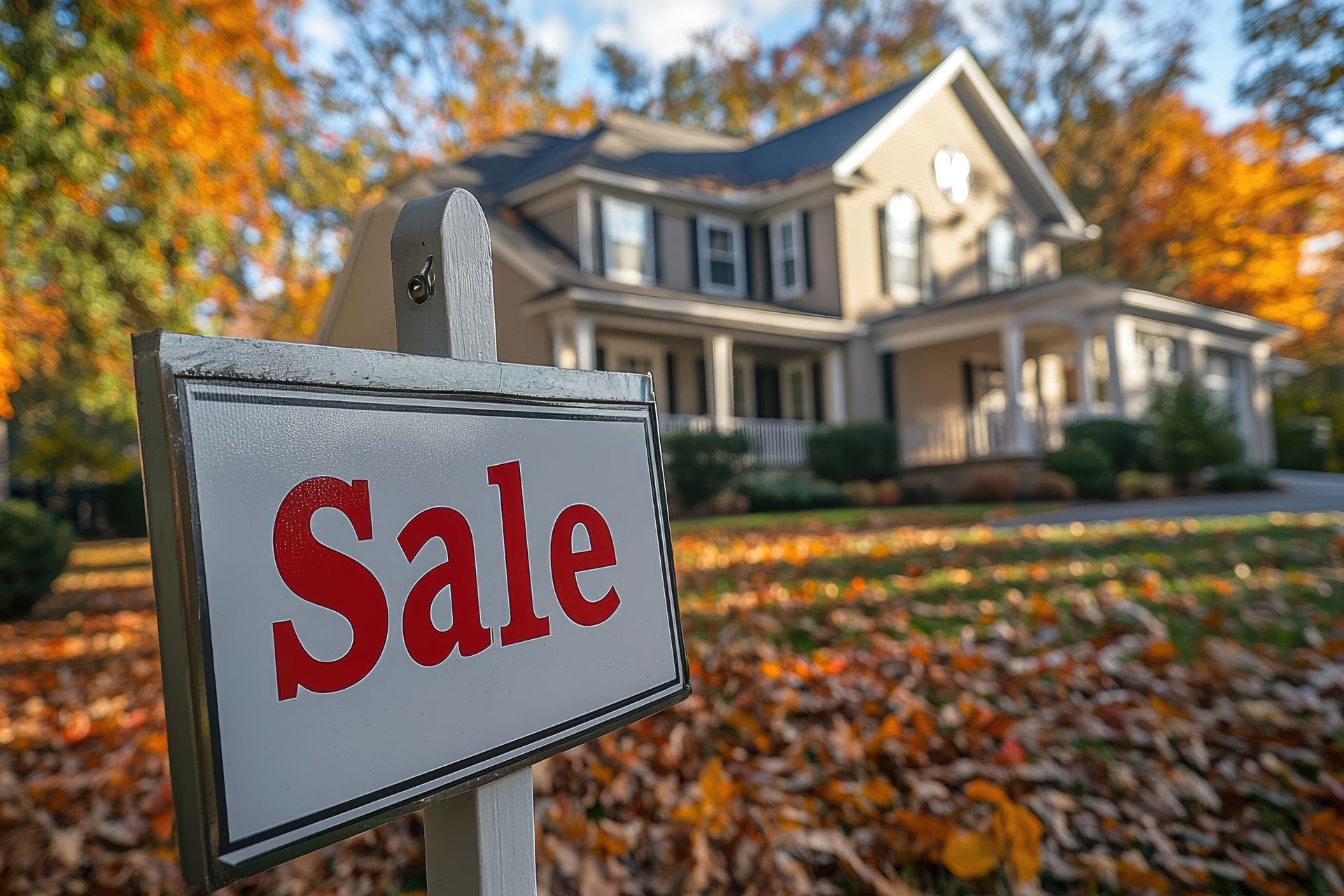 A house with a for sale sign in front of it.