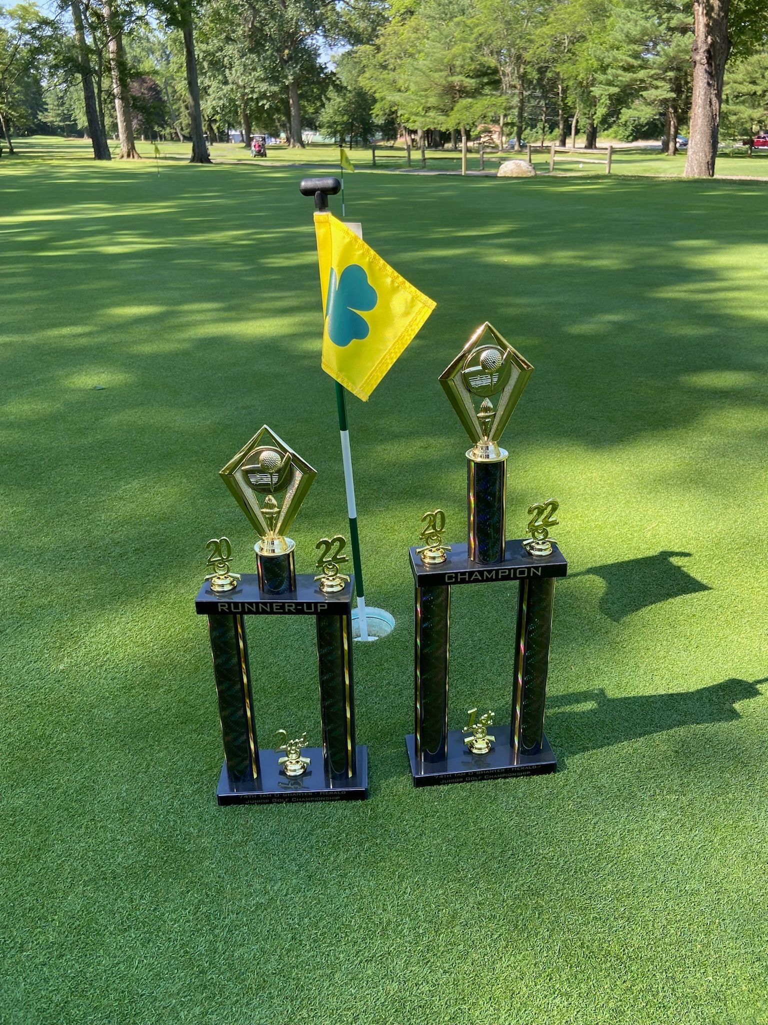 Two golf trophies and a flag on a green golf course.