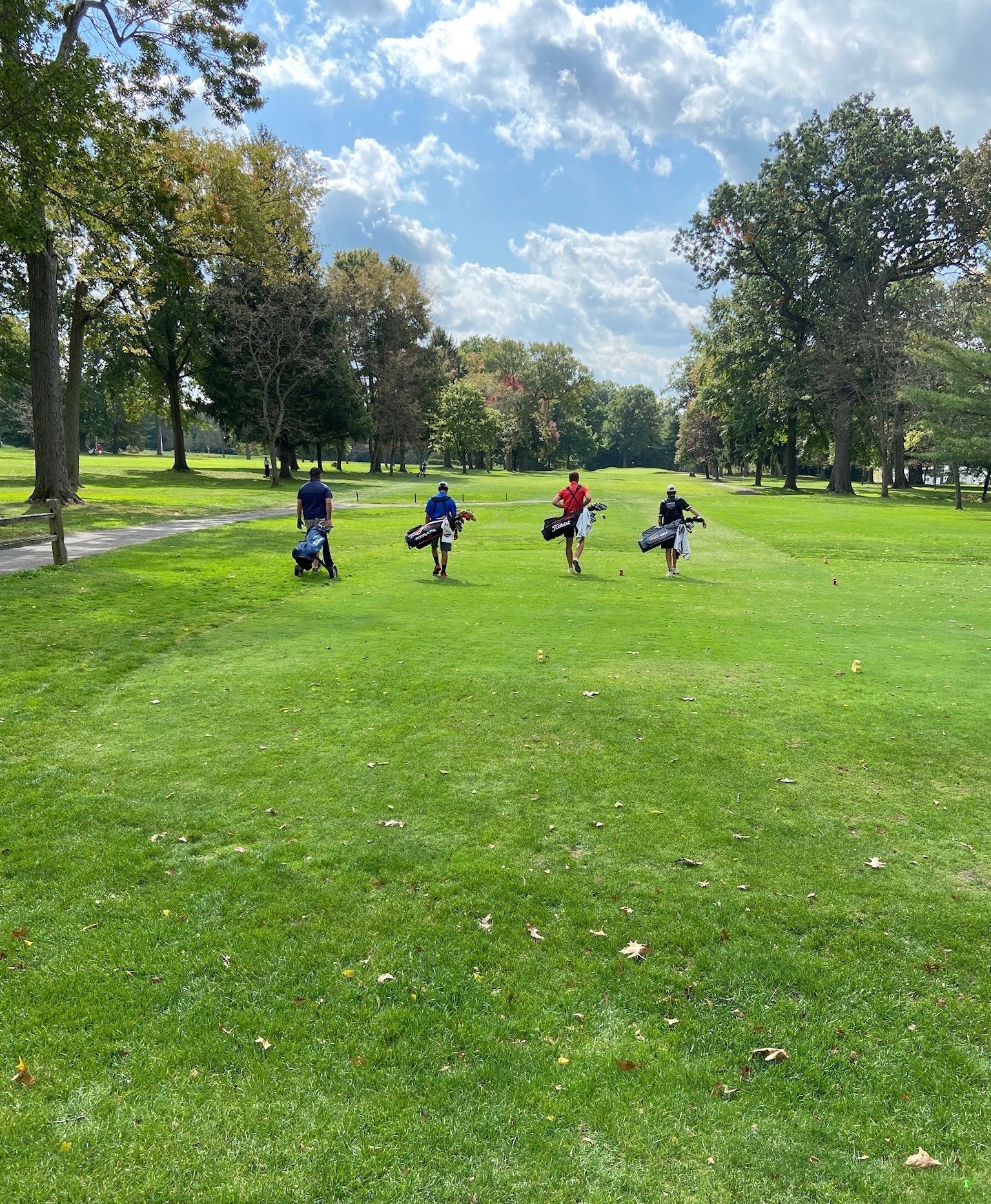 Four people walking on a green golf course, carrying golf bags under a partly cloudy sky.