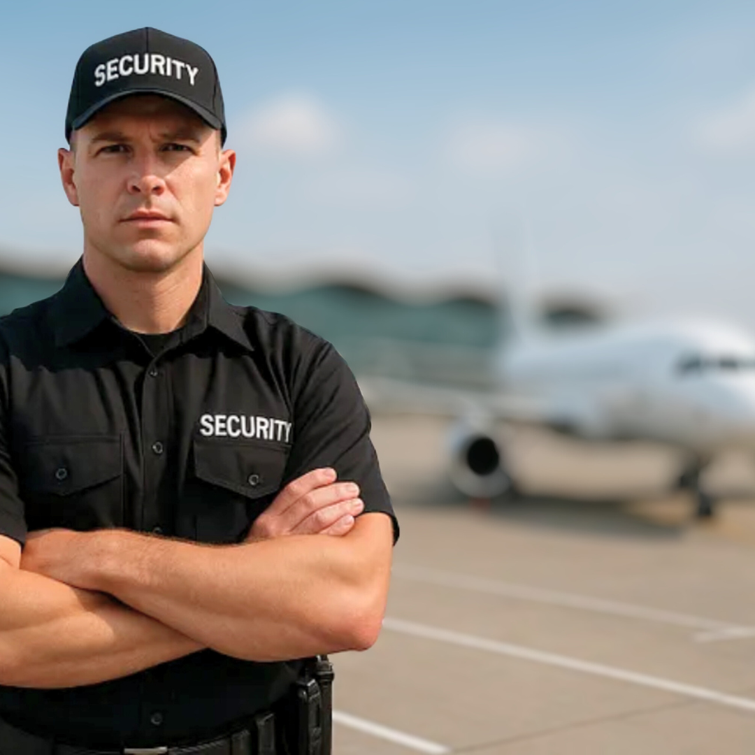 Security guard with crossed arms stands on an airport tarmac, airplane in background.